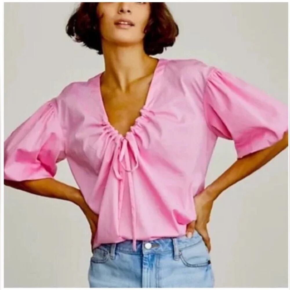 Elizabeth & James | Women’s Pink Tie Neck V-Neck Puff Sleeve Blouse Top Spring M